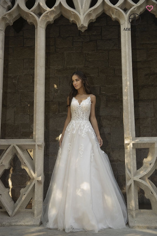 ROMANTIC V-NECK LACE APPLIQUE A-LINE TULLE WEDDING GOWN BY ABBY LANE 97103