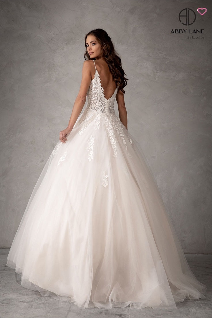 ROMANTIC V-NECK LACE APPLIQUE A-LINE TULLE WEDDING GOWN BY ABBY LANE 97103