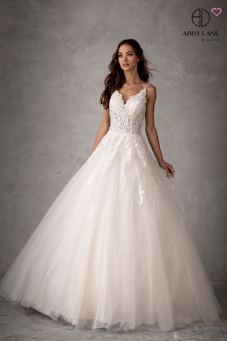 ROMANTIC V-NECK LACE APPLIQUE A-LINE TULLE WEDDING GOWN BY ABBY LANE 97103