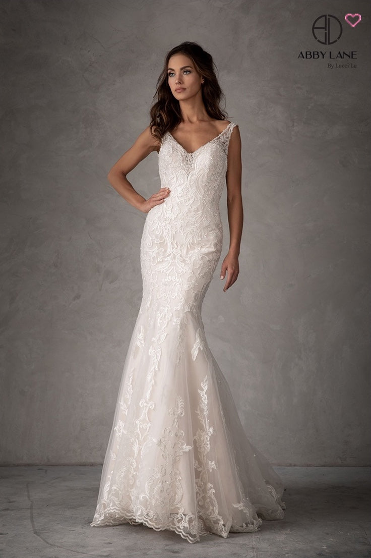 STUNNING FIT & FLARE MERMAID BRIDAL GOWN WITH LOW OPEN BACK COVERED BUTTONS V-NECK + LACE APPLIQUES TRUMPET SKIRT WITH TRAIN BY ABBY LANE 97107