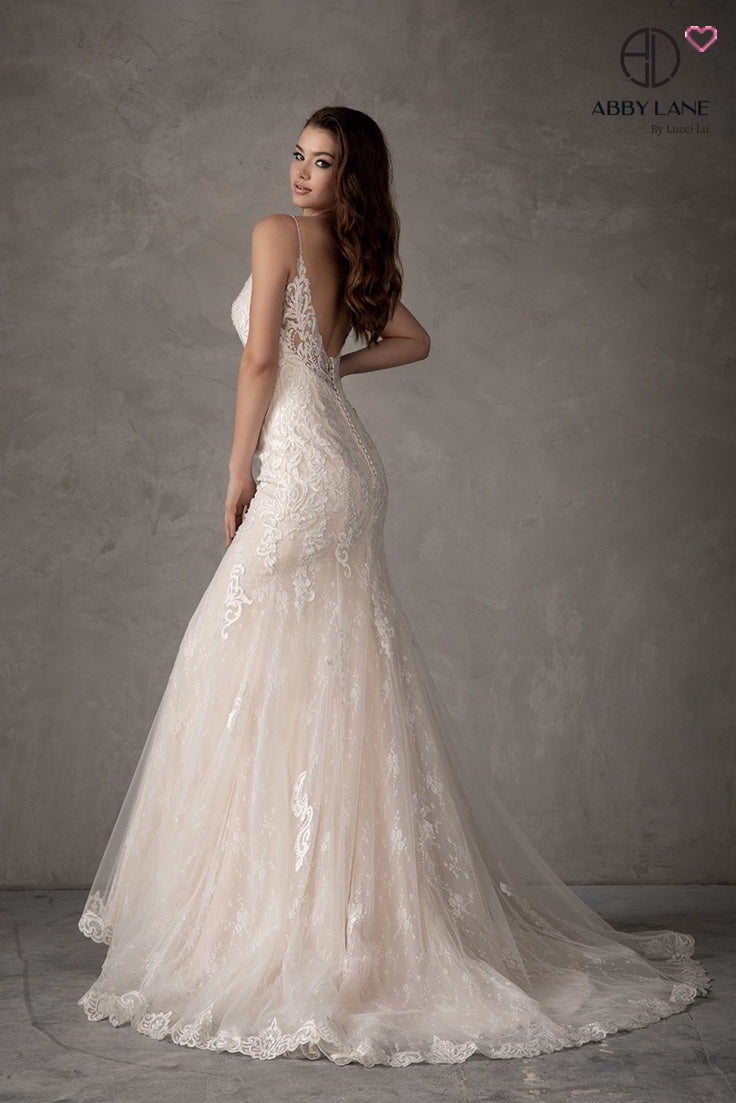 TULLE & LACE APPLIQUE FIT & FLARE WITH TRAIN GORGOEOUS OPEN BACK WITH COVERED BUTTONS BRIDAL GOWN BY ABBY LANE 97108
