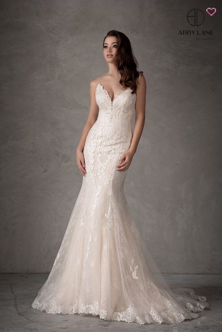 TULLE & LACE APPLIQUE FIT & FLARE WITH TRAIN GORGOEOUS OPEN BACK WITH COVERED BUTTONS BRIDAL GOWN BY ABBY LANE 97108