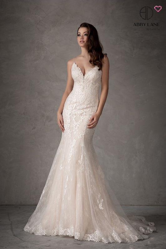 TULLE & LACE APPLIQUE FIT & FLARE WITH TRAIN GORGOEOUS OPEN BACK WITH COVERED BUTTONS BRIDAL GOWN BY ABBY LANE 97108