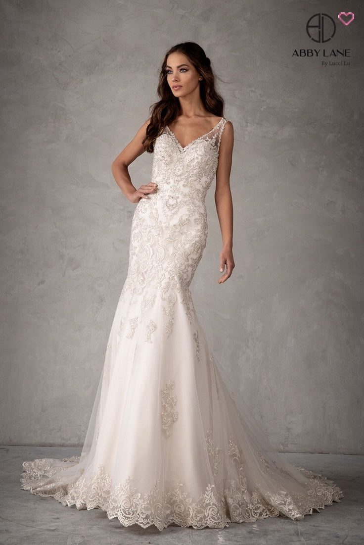 EMBROIDERED TULLE MERMAID BRIDAL GOWN WITH OPEN BACK COVERED BUTTONS AND TRAIN BY ABBY PARIS 97110