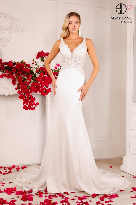 LACE SATIN IVORY FITTED BRIDAL GOWN WITH FULL TRAIN V-NECK BY ABBY PARIS 97126
