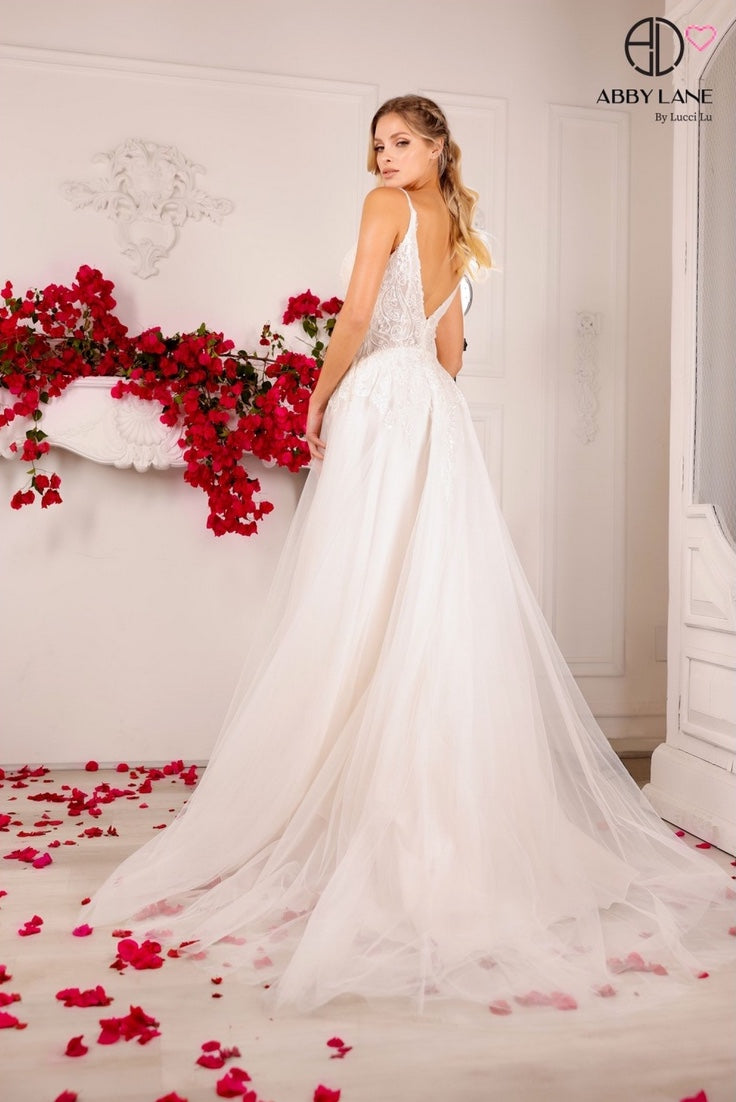TULLE BRIDAL GOWN SLEEVELESS ILLUSION SWEETHEART BODICE SPAGHETTI STRAPS & CORSET BONING OPEN V-BACK BY ABBY LANE 97131