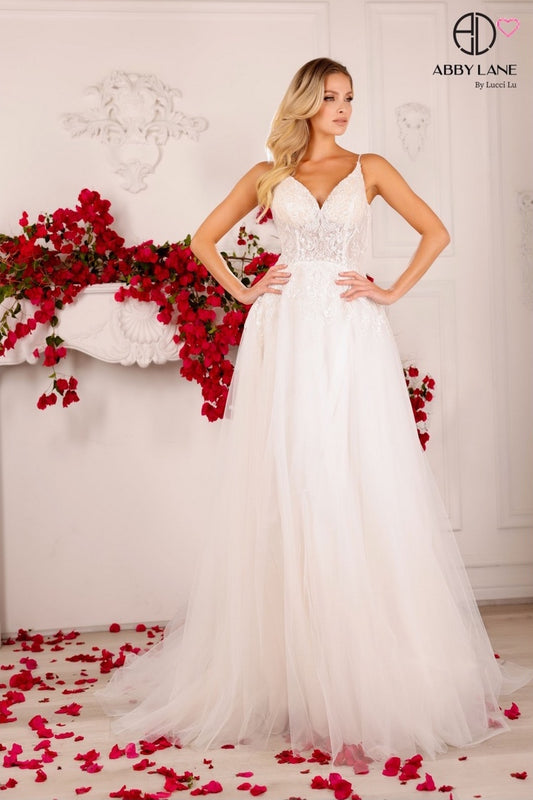 TULLE BRIDAL GOWN SLEEVELESS ILLUSION SWEETHEART BODICE SPAGHETTI STRAPS & CORSET BONING OPEN V-BACK BY ABBY LANE 97131