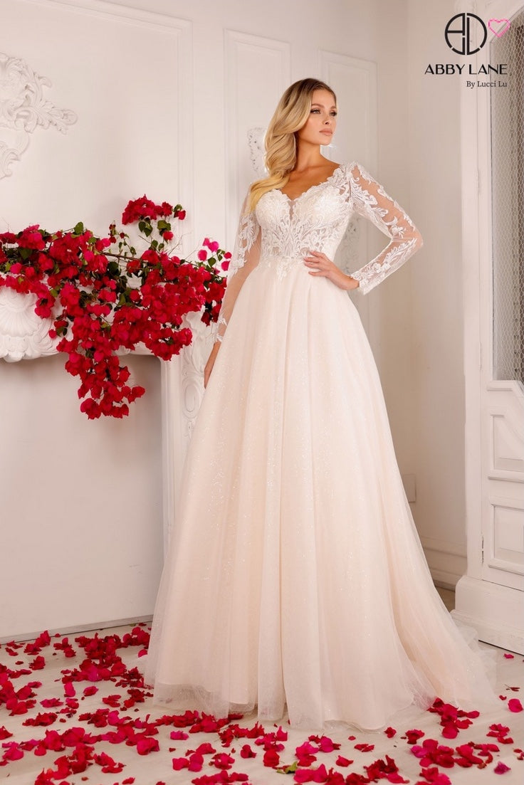 ELEGANT BRIDAL GOWN WITH LONG LACE APPLIQUE SLEEVES BACK KEYHOLE CUTOUT SHIMMER TULLE SKIRT WITH TRAIN BY ABBY LANE 97136
