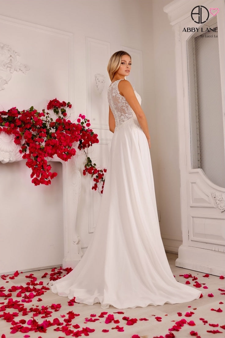 FLOWY CHIFFON A-LINE BRIDAL GOWN WITH SWEETHEART V-NECK BODICE EMBROIDERED APPLIQUES BY ABBY LANE 97140