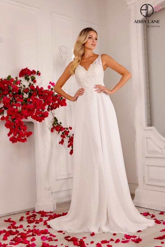 FLOWY CHIFFON A-LINE BRIDAL GOWN WITH SWEETHEART V-NECK BODICE EMBROIDERED APPLIQUES BY ABBY LANE 97140