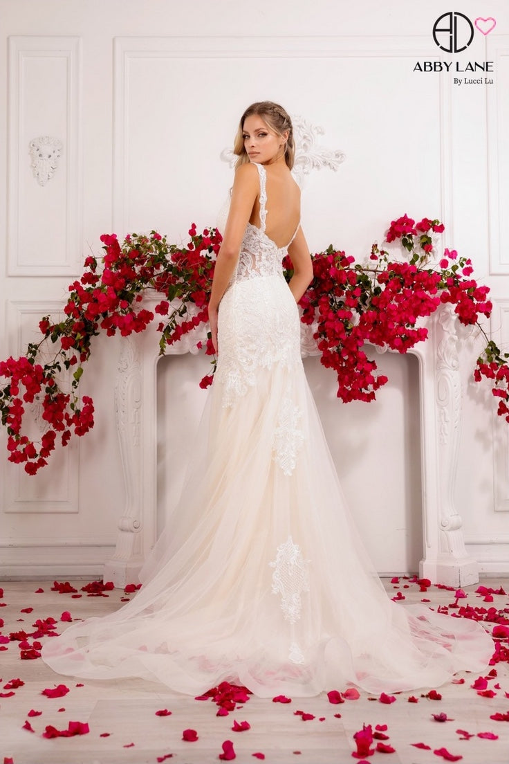 TULLE MERMAID BRIDAL GOWN WITH LACE & APPLIQUES TULLE TRUMPET SKIRT WITH TRAIN BY ABBY LANE 97145