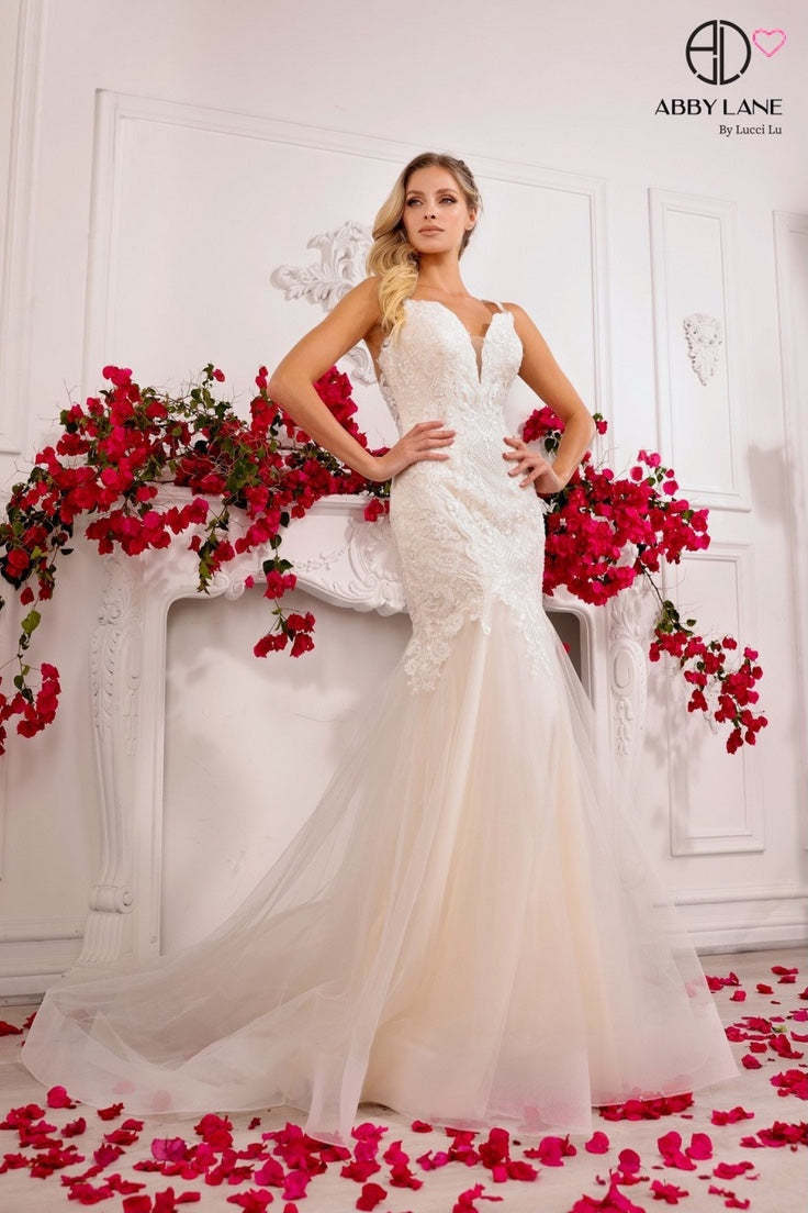 TULLE MERMAID BRIDAL GOWN WITH LACE & APPLIQUES TULLE TRUMPET SKIRT WITH TRAIN BY ABBY LANE 97145