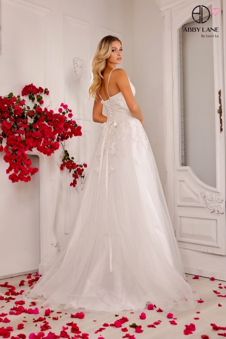 LACE APPLIQUE TULLE A-LINE BRIDAL BALLGOWN WITH DEEP V SHEER ILLUSION BODICE LACE-UP BACK & TRAIN BY ABBY LANE 97148