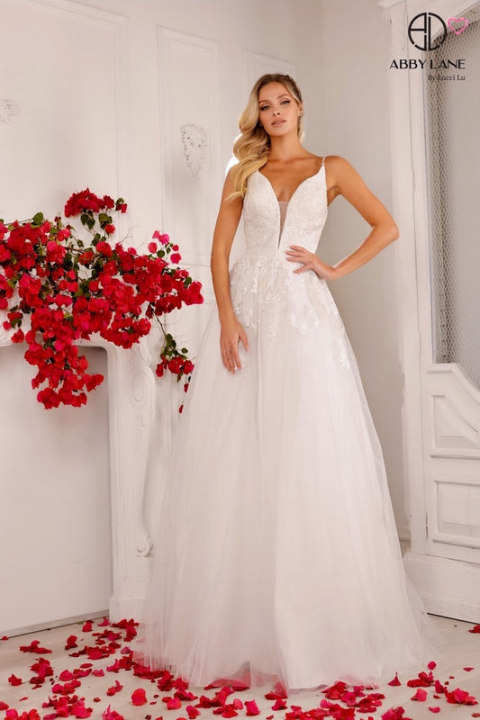 LACE APPLIQUE TULLE A-LINE BRIDAL BALLGOWN WITH DEEP V SHEER ILLUSION BODICE LACE-UP BACK & TRAIN BY ABBY LANE 97148