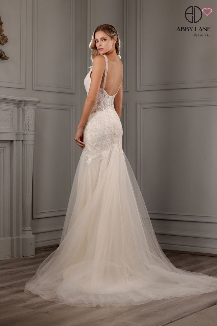 MERMAID EMBROIDERY EMBELLISHMENTS & TULLE SWEETHEART DEEP V-NECK BRIDAL GOWN BY ABBY LANE 97155