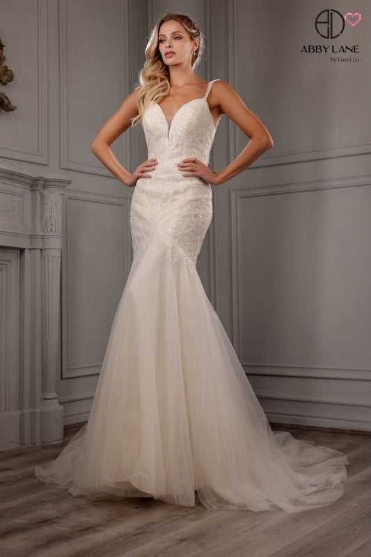 MERMAID EMBROIDERY EMBELLISHMENTS & TULLE SWEETHEART DEEP V-NECK BRIDAL GOWN BY ABBY LANE 97155