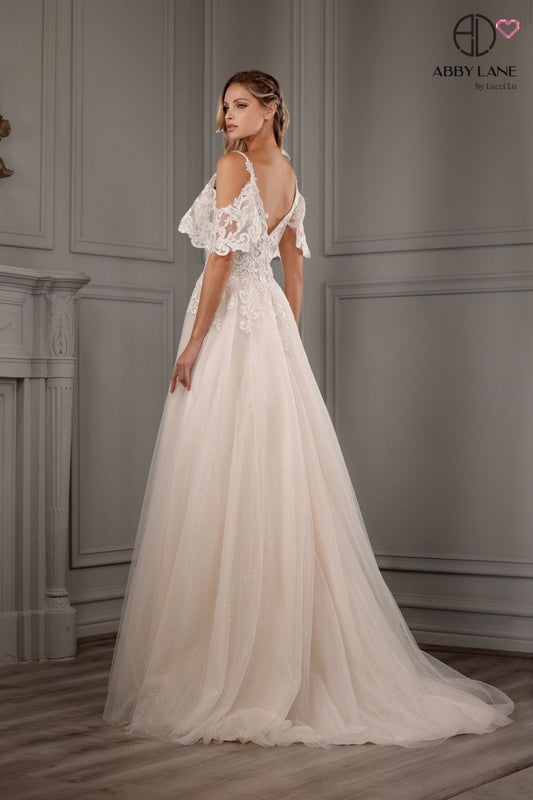 WHIMSICAL COLD SHOULDER LACE & TULLE BRIDAL GOWN BY ABBY PARIS 97156