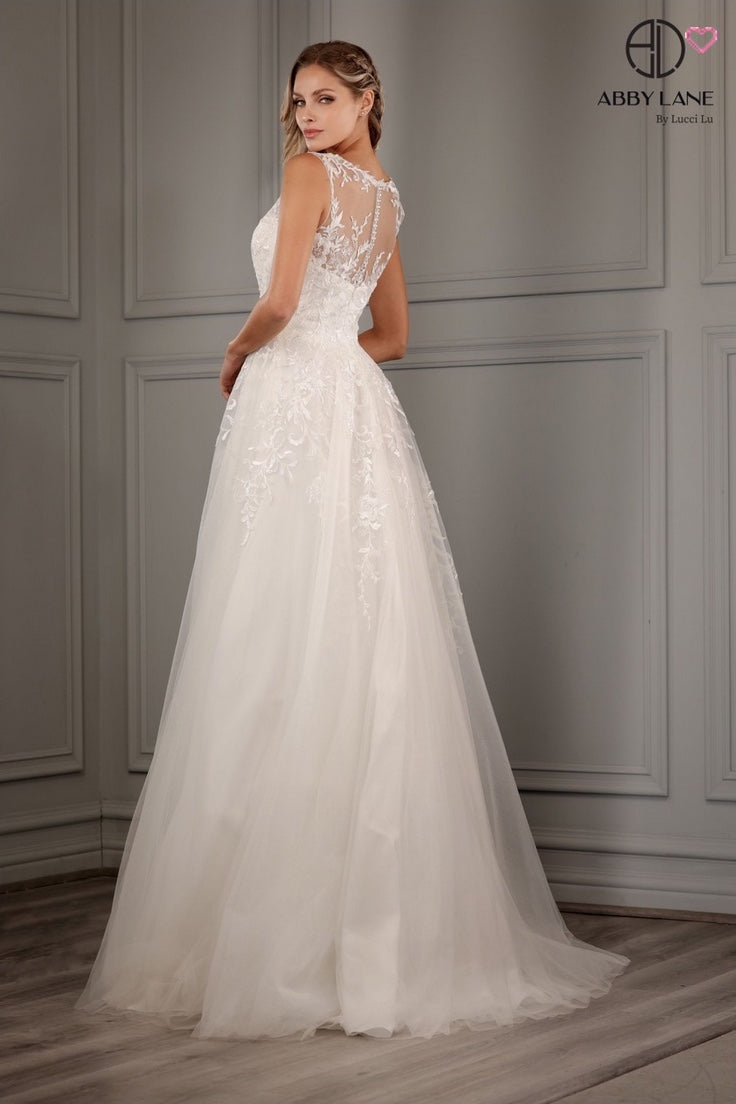 SLEEVELESS EMBROIDERED LACE TULLE BRIDAL GOWN SHEER ILLUSION SWEETHEART BODICE BY ABBY LANE 97157