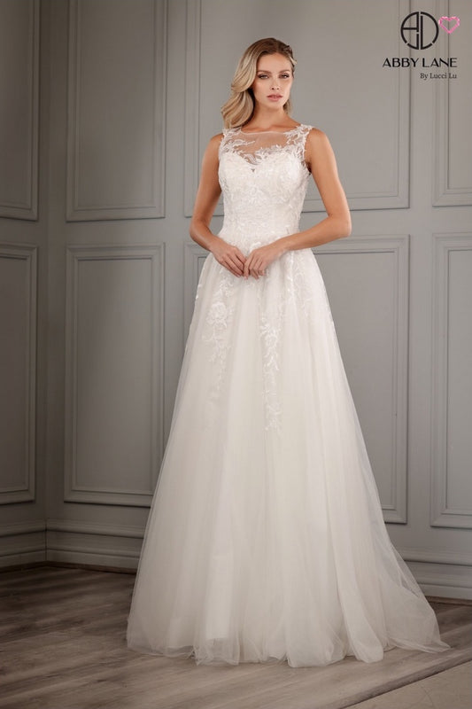 SLEEVELESS EMBROIDERED LACE TULLE BRIDAL GOWN SHEER ILLUSION SWEETHEART BODICE BY ABBY LANE 97157