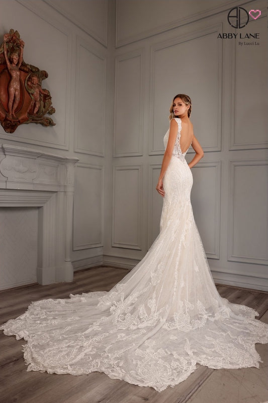 LACE EMBROIDERY & TULLE MERMAID TRUMPET BRIDAL GOWN DEEP V-NECK OPEN V-BACK COVERED BUTTONS STUNNING TRAIN BY ABBY LANE 97159