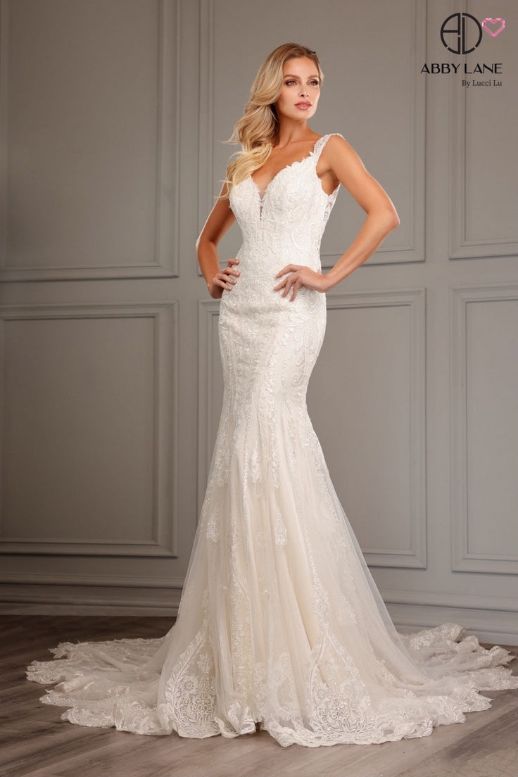 LACE EMBROIDERY & TULLE MERMAID TRUMPET BRIDAL GOWN DEEP V-NECK OPEN V-BACK COVERED BUTTONS STUNNING TRAIN BY ABBY LANE 97159