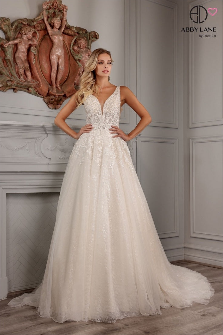 LACE EMBROIDERY APPLIQUE A-LINE TULLE SKIRT WITH SHIMMER UNDERLAY DEEP V-NECK OPEN V-BACK BY ABBY LANE 97161