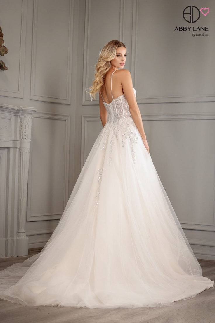 BEAD AND SEQUIN TULLE A-LINE SWEETHEART NECKLINE DEEP V ILLUSION BRIDAL GOWN BY ABBY LANE 97177