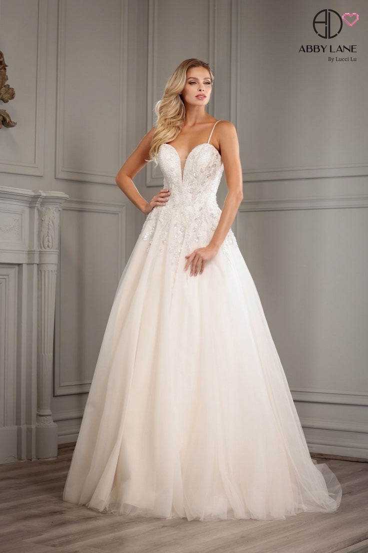 BEAD AND SEQUIN TULLE A-LINE SWEETHEART NECKLINE DEEP V ILLUSION BRIDAL GOWN BY ABBY LANE 97177