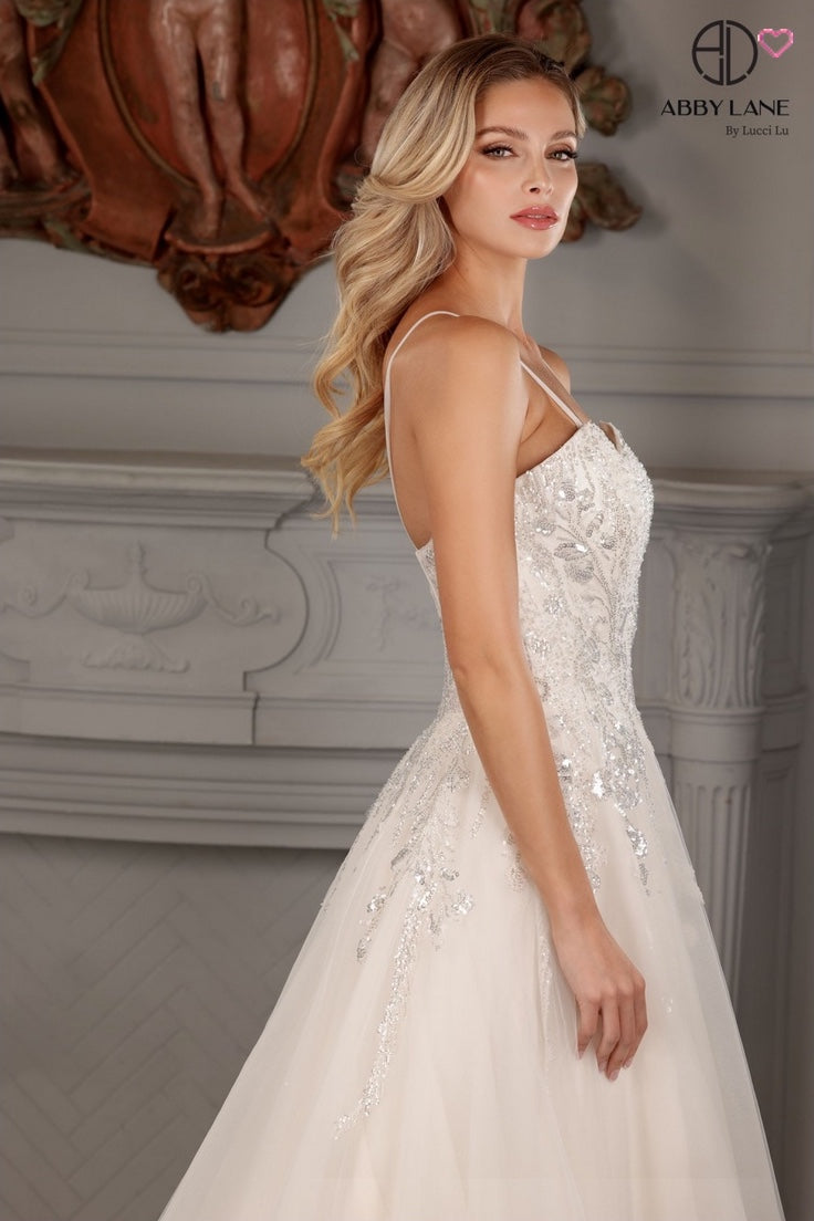 BEAD AND SEQUIN TULLE A-LINE SWEETHEART NECKLINE DEEP V ILLUSION BRIDAL GOWN BY ABBY LANE 97177
