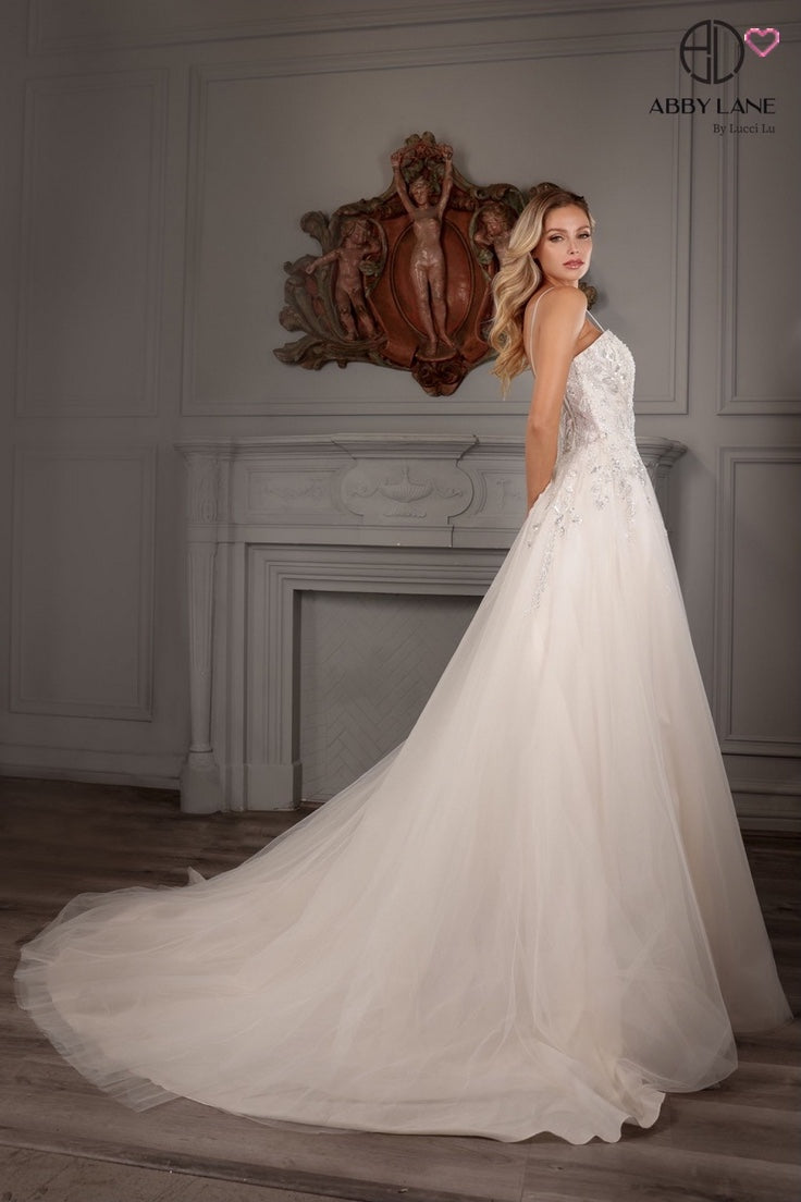 BEAD AND SEQUIN TULLE A-LINE SWEETHEART NECKLINE DEEP V ILLUSION BRIDAL GOWN BY ABBY LANE 97177