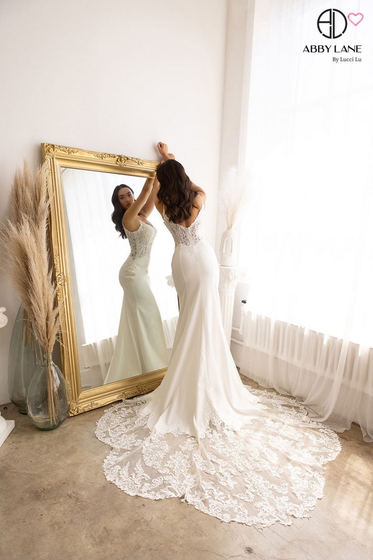 DREAMY CHIC GEORGETTE AND LACE FITTED BRIDAL GOWN SWEETHEART WITH V ILLUSION NECKLINE + GORGEOUS TRAIN BY ABBY LANE 97180