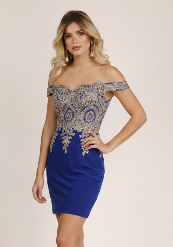 STRETCH CREPE & LACE APPPLIQUE SWEETHEART OFF SHOULDER SHORT FITTED FORMAL DRESS