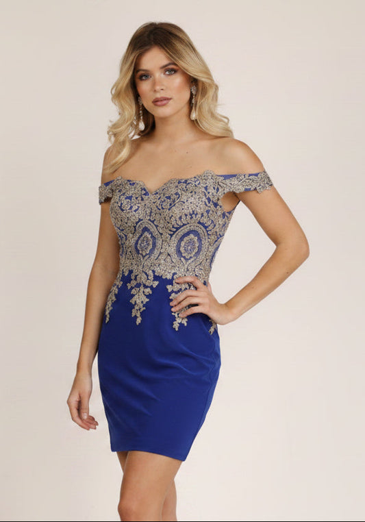 STRETCH CREPE & LACE APPPLIQUE SWEETHEART OFF SHOULDER SHORT FITTED FORMAL DRESS