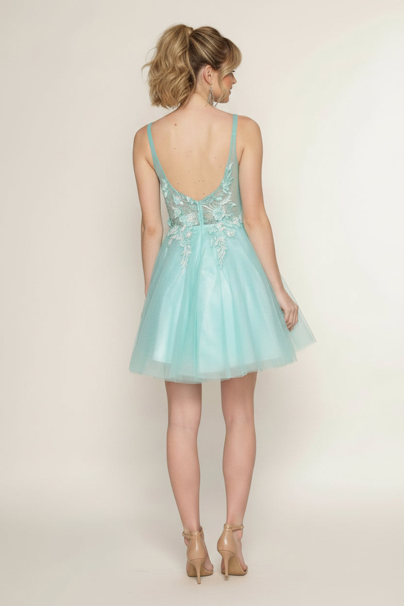 PEARL + FLOWER APPLIQUE CHIFFON V-NECK & V-BACK A-LINE SUBTLE SPARKLE SHORT FORMAL DRESS