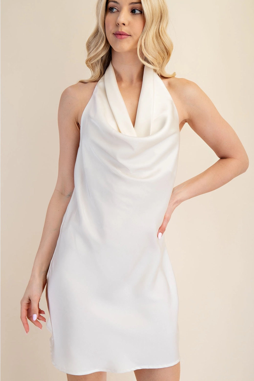 SILKY SLEEK CREAM COWL HALTER NECKLINE MINI DRESS