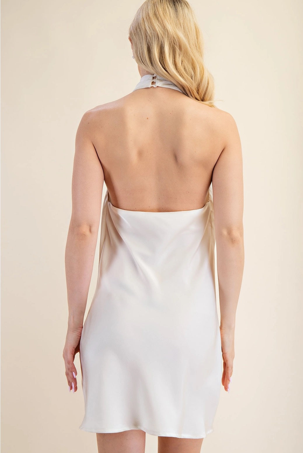 SILKY SLEEK CREAM COWL HALTER NECKLINE MINI DRESS