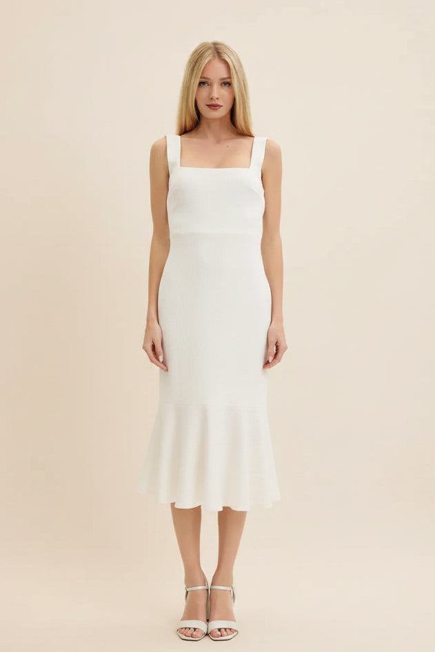 SLEEK & CHIC WHITE SQUARE NECK FITTED TRUMPET SKIRT OPEN V-BACK MIDI DRESS