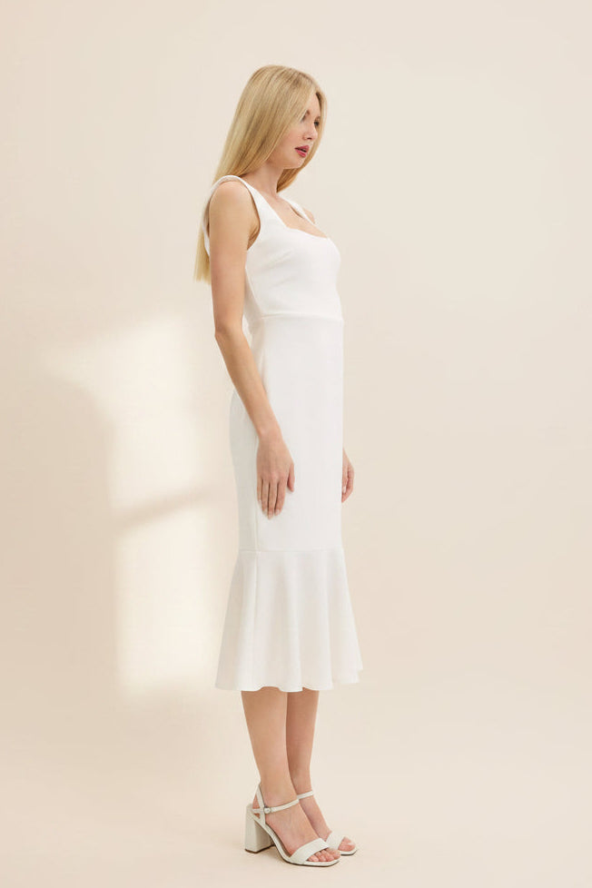SLEEK & CHIC WHITE SQUARE NECK FITTED TRUMPET SKIRT OPEN V-BACK MIDI DRESS