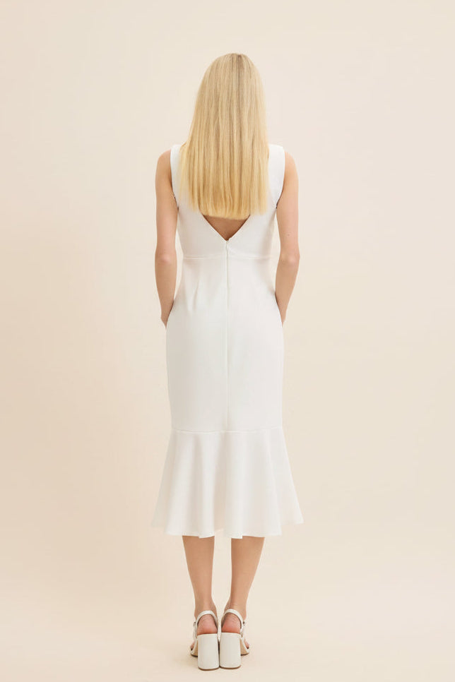 SLEEK & CHIC WHITE SQUARE NECK FITTED TRUMPET SKIRT OPEN V-BACK MIDI DRESS