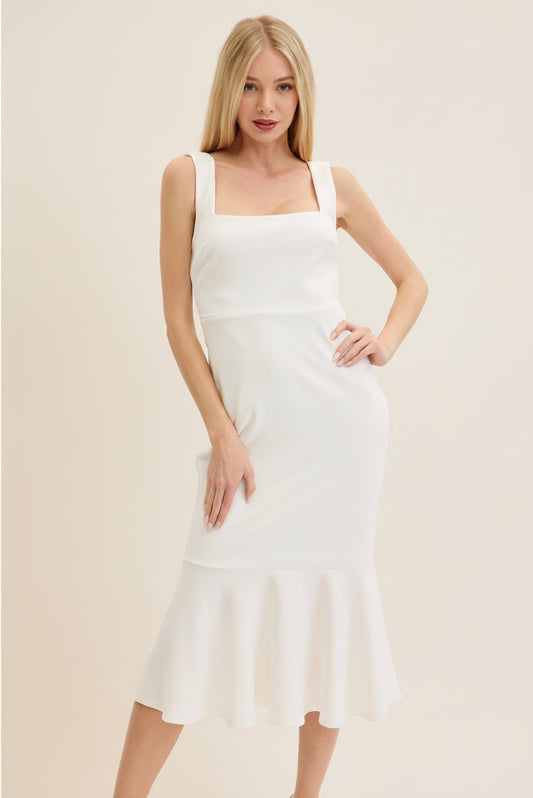 SLEEK & CHIC WHITE SQUARE NECK FITTED TRUMPET SKIRT OPEN V-BACK MIDI DRESS