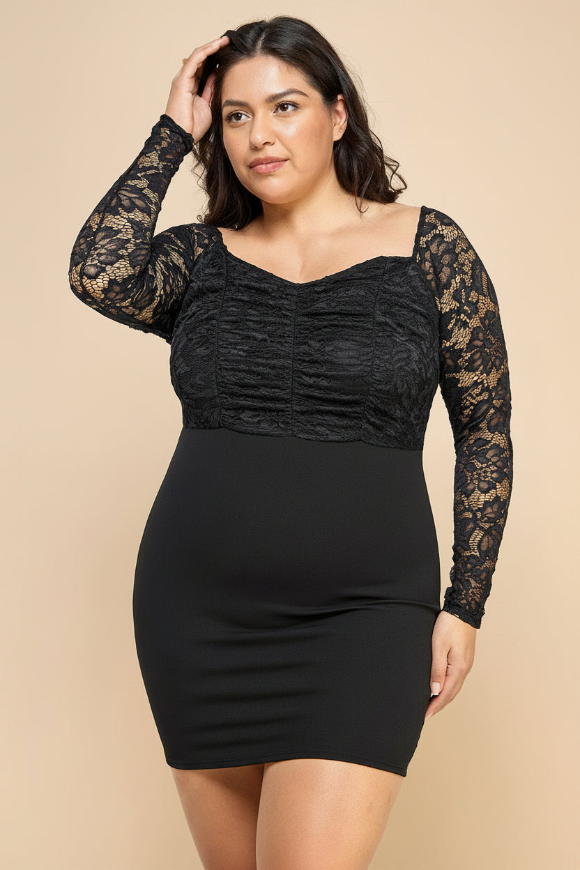 RUCHED LACE BODYCON MINI DRESS WITH LACE SLEEVES CURVY