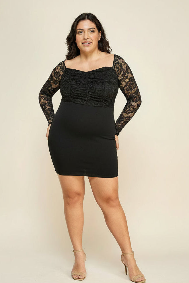 RUCHED LACE BODYCON MINI DRESS WITH LACE SLEEVES CURVY
