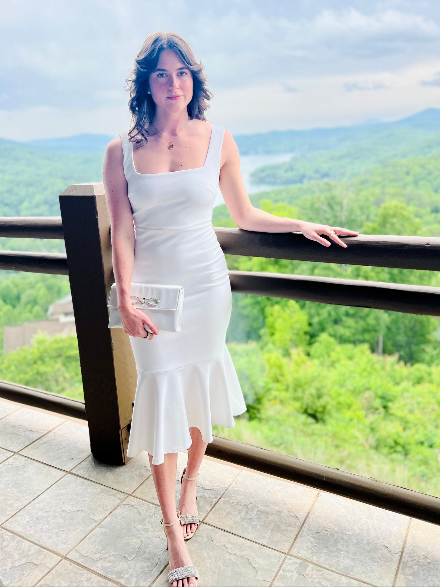 SLEEK & CHIC WHITE SQUARE NECK FITTED TRUMPET SKIRT OPEN V-BACK MIDI DRESS