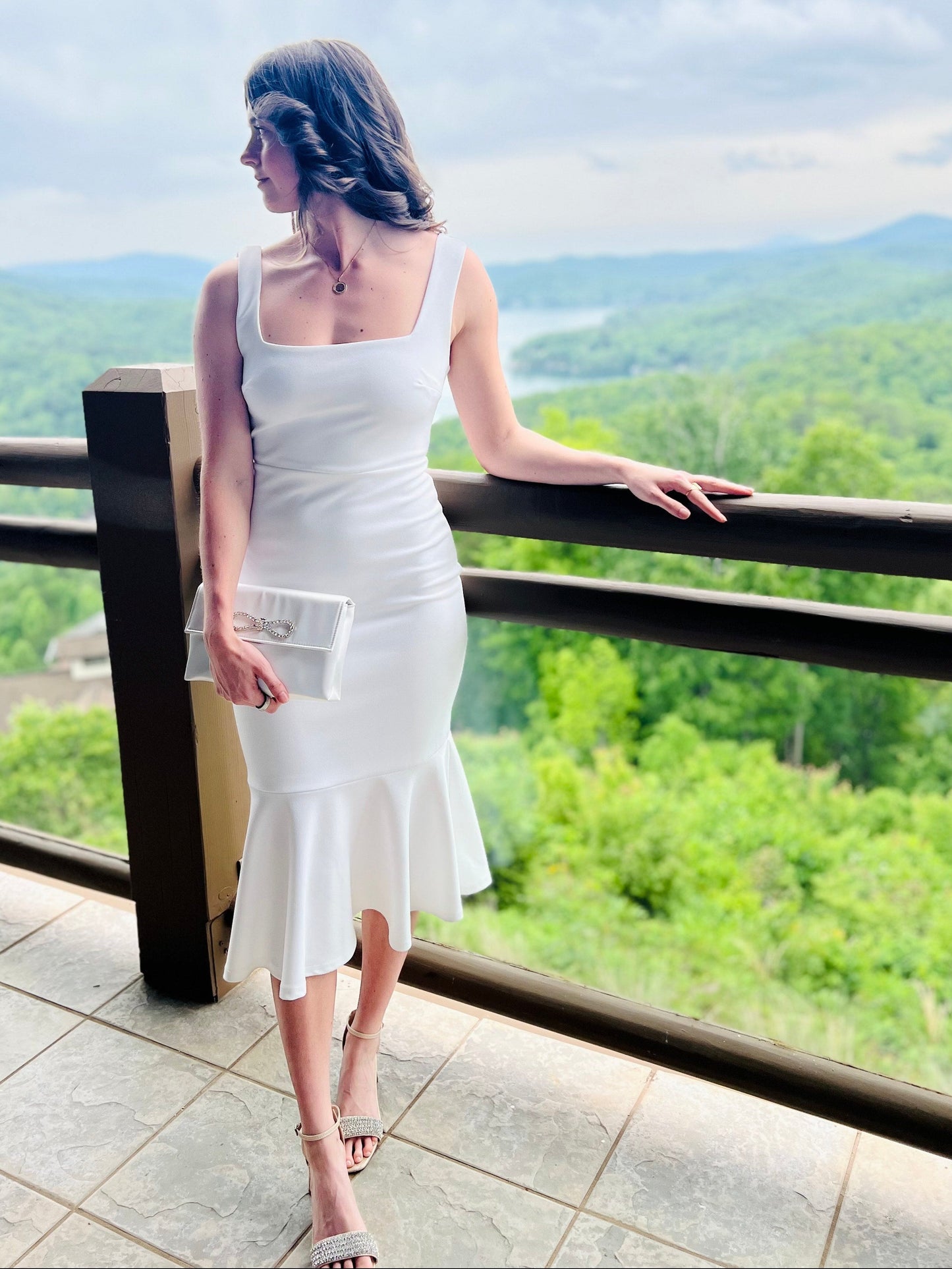 SLEEK & CHIC WHITE SQUARE NECK FITTED TRUMPET SKIRT OPEN V-BACK MIDI DRESS