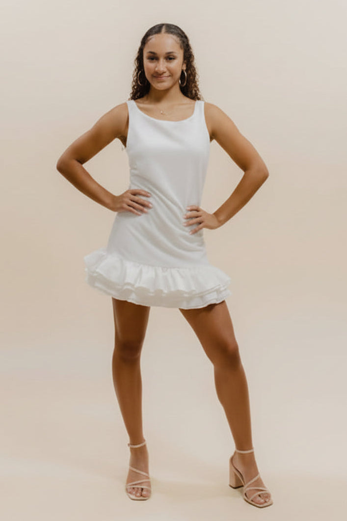 RUFFLE ROMPER OPEN TIE BACK MINI DRESS
