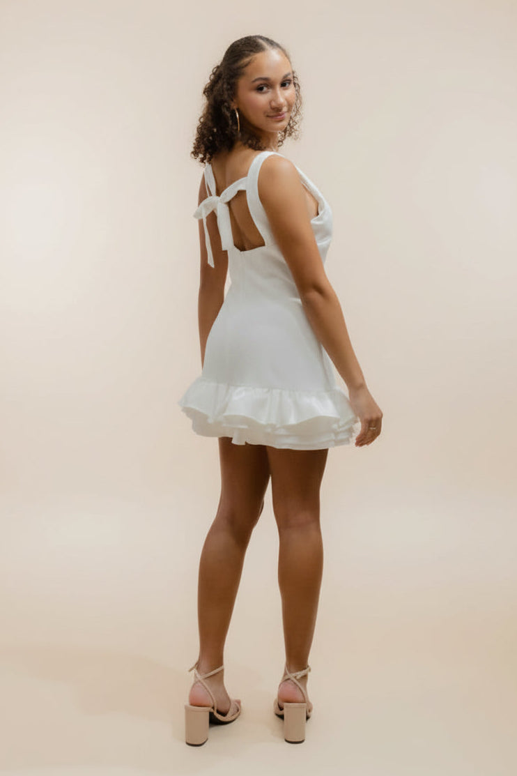 RUFFLE ROMPER OPEN TIE BACK MINI DRESS
