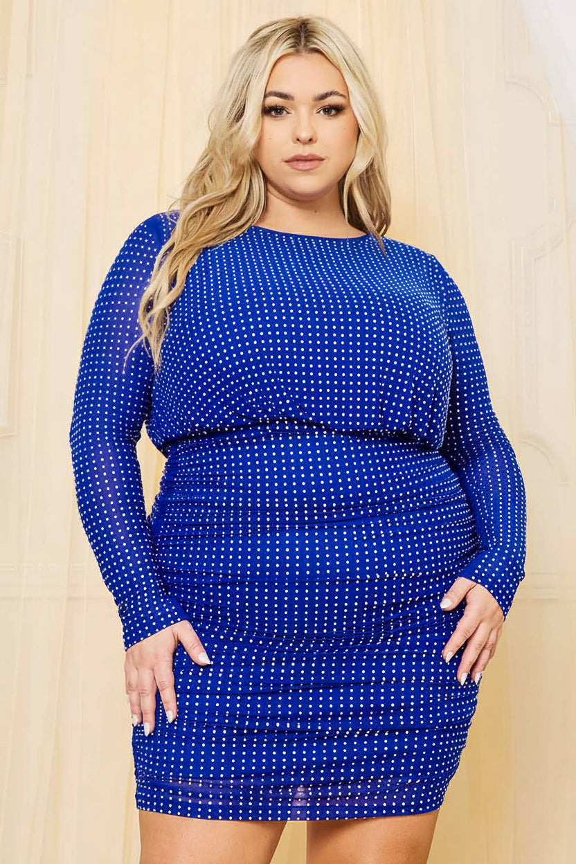 MESH RHINESTONE RUCHED MINI DRESS WITH SLEEVES CURVY