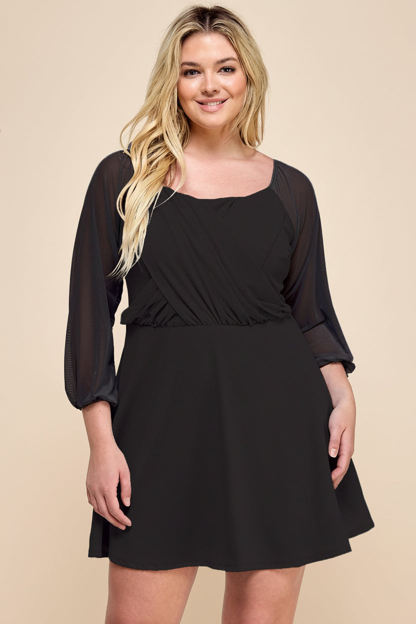 SMOOTHING FIT & FLARE PARTY DRESS WITH SHEER MESH 3/4 SLEEVES CURVY