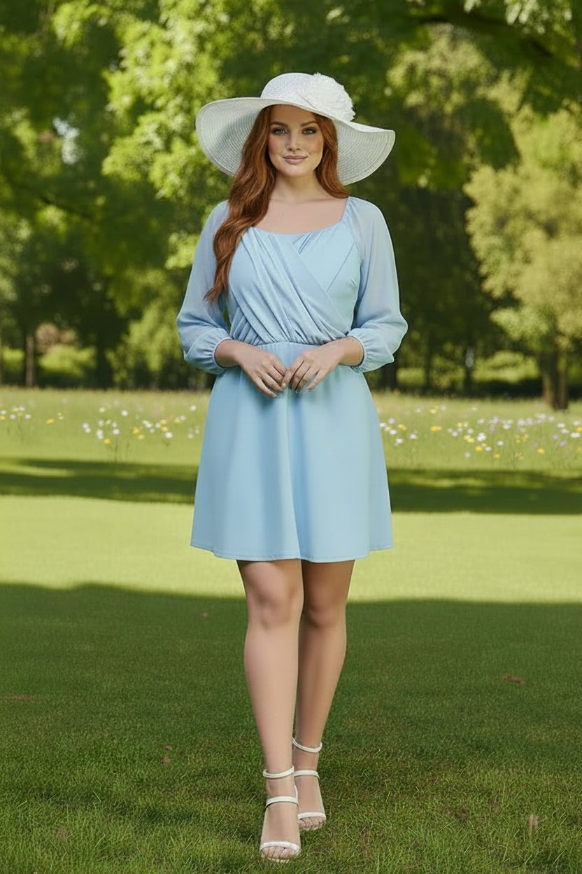 SMOOTHING FIT & FLARE PARTY DRESS WITH SHEER MESH 3/4 SLEEVES CURVY