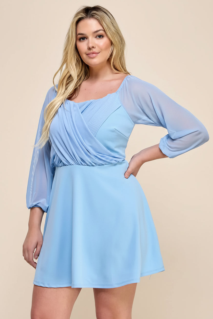 SMOOTHING FIT & FLARE PARTY DRESS WITH SHEER MESH 3/4 SLEEVES CURVY